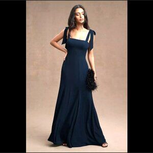 BHLDN Dress Clara Shoulder-Tie Square-Neck Georgette Gown Navy Blue Formal New